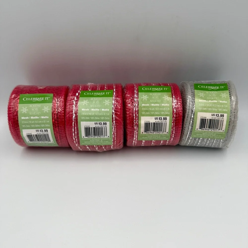 Celebrate It Holiday Mesh Ribbon Red Silver Metallic 2.5in x 10yd 4 Rolls Total